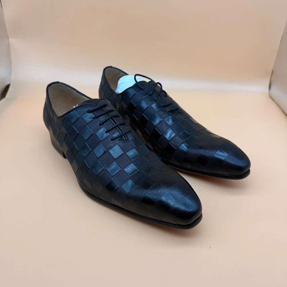 Santimon‎ Men's US 9 Black Leather Plaid Texture Oxfords Lace Up Dress Shoes